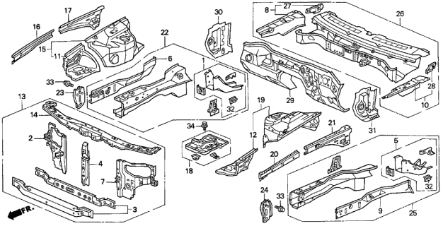 1997 Acura TL Panel Set, Left Front Bulkhead Diagram for 04611-SZ5-A00ZZ