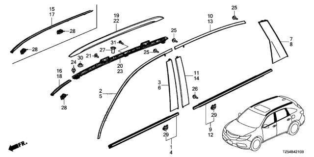 2019 Acura MDX Driver Side Roof Molding Diagram for 74316-TZ5-A10