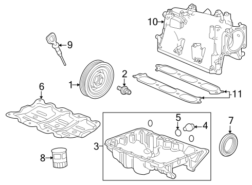 2023 Acura MDX Engine Parts, Mounts, Cylinder Head & Valves, Camshaft & Timing, Variable Valve Timing, Oil Pan, Oil Pump, Adapter Housing, Crankshaft & Bearings, Pistons, Rings & Bearings Diagram 1