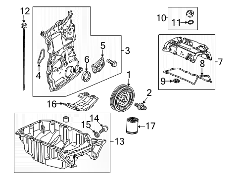 2022 Acura ILX Engine Parts, Mounts, Cylinder Head & Valves, Camshaft & Timing, Variable Valve Timing, Oil Pan, Oil Pump, Balance Shafts, Crankshaft & Bearings, Pistons, Rings & Bearings Diagram 1